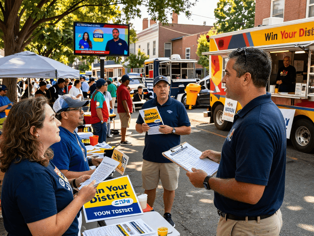 Engaging outdoor campaign scene with candidate promoting CTV advertising for campaigns to voters at a community event.