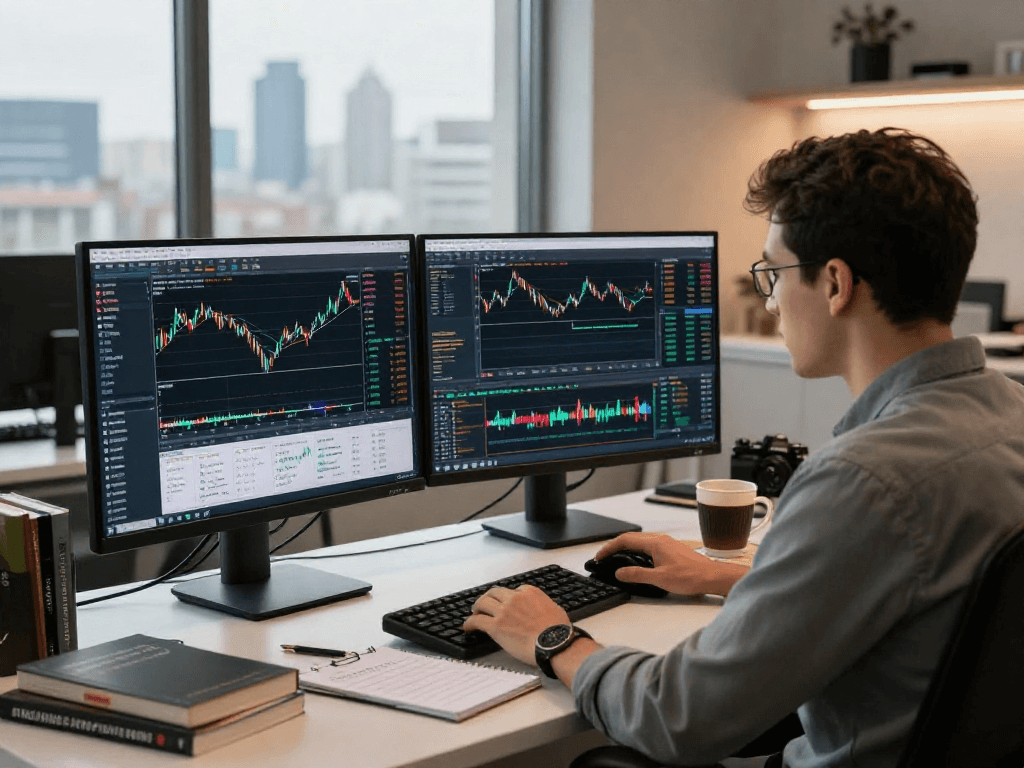 Trader using MetaTrader 5 to analyze charts and market data in a modern office.