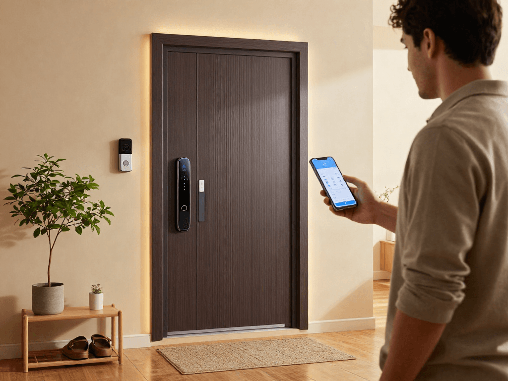 خرید قفل هوشمند in a stylish home entryway featuring a modern smart lock and an engaged homeowner using a smartphone app.