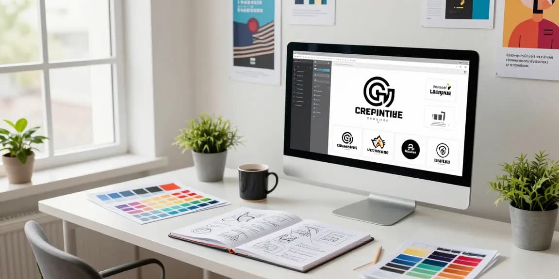 Projektowanie logo w kreatywnym studiu graficznym, designer przy biurku.