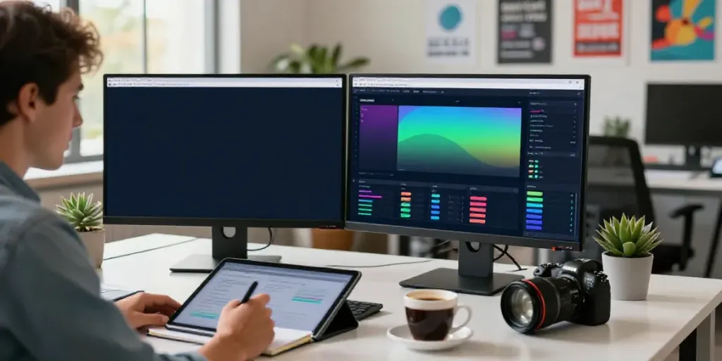Instant indexing analysis in a tech workspace with dual monitors and creative decor.